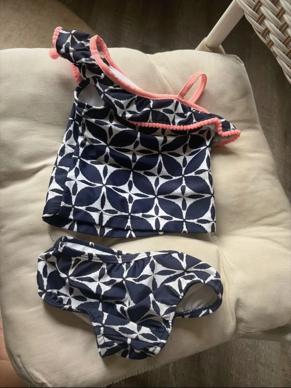 Bathing one shoulder ruffle navy blue white orange pom two piece swim suit